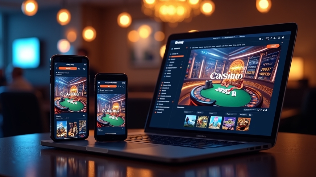 Android phone, iPhone, and laptop showing casino access options