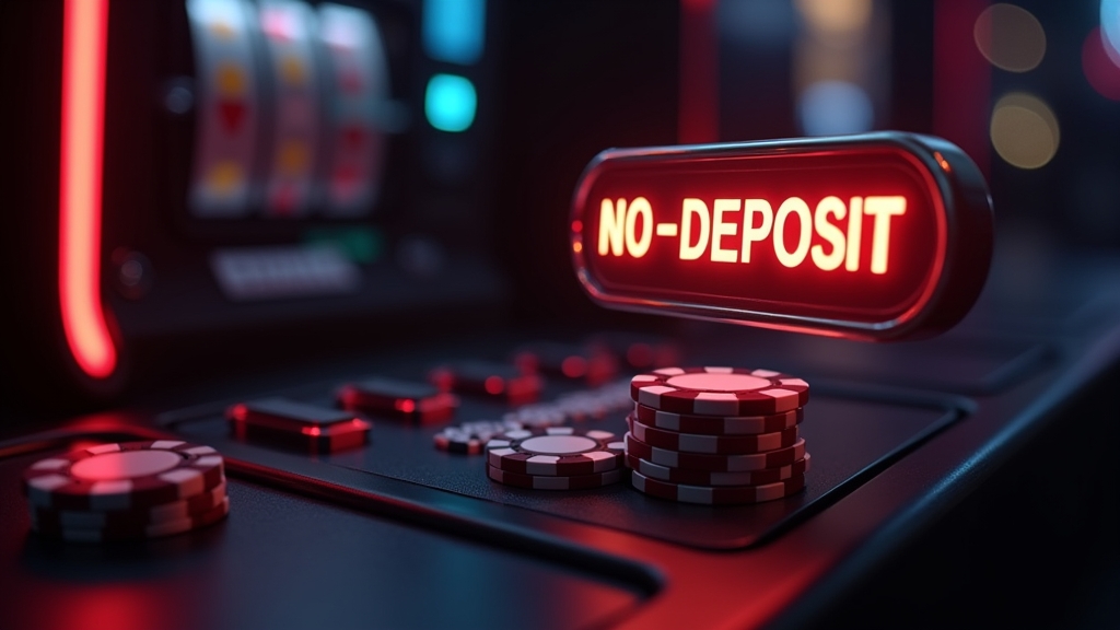 Slot machine scene highlighting free spins and a no-deposit bonus badge