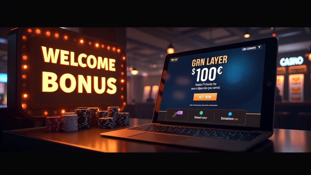 Casino lobby scene with a glowing welcome bonus display and slot reels