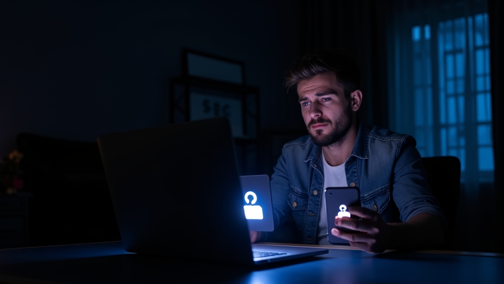 User troubleshooting a casino login issue on a laptop in a dim casino room