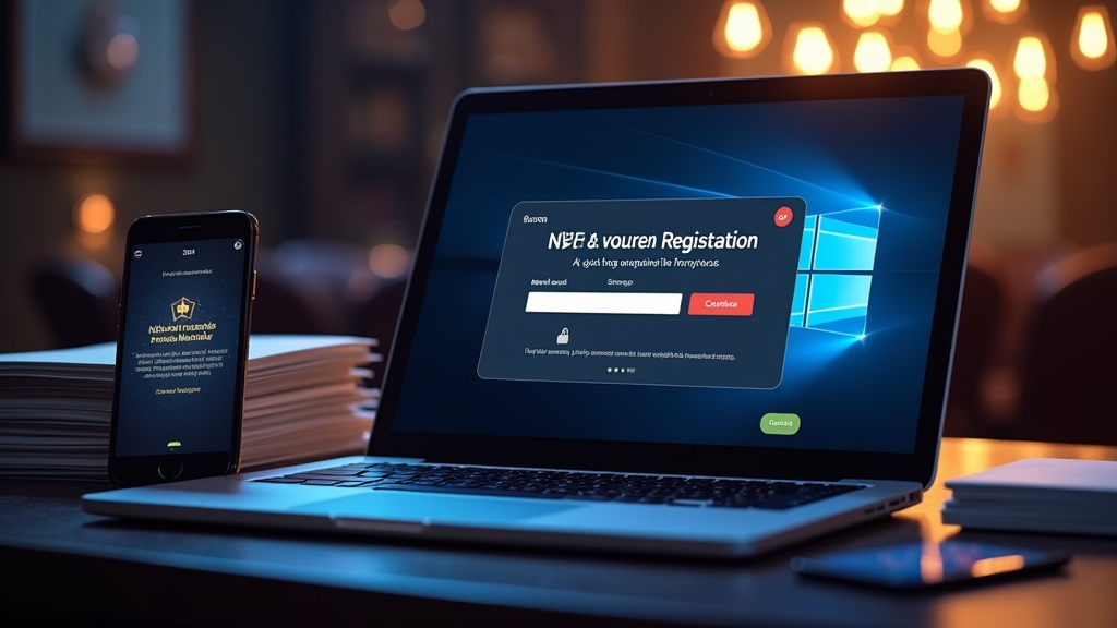 Casino registration verification screen with phone code and documents on desk