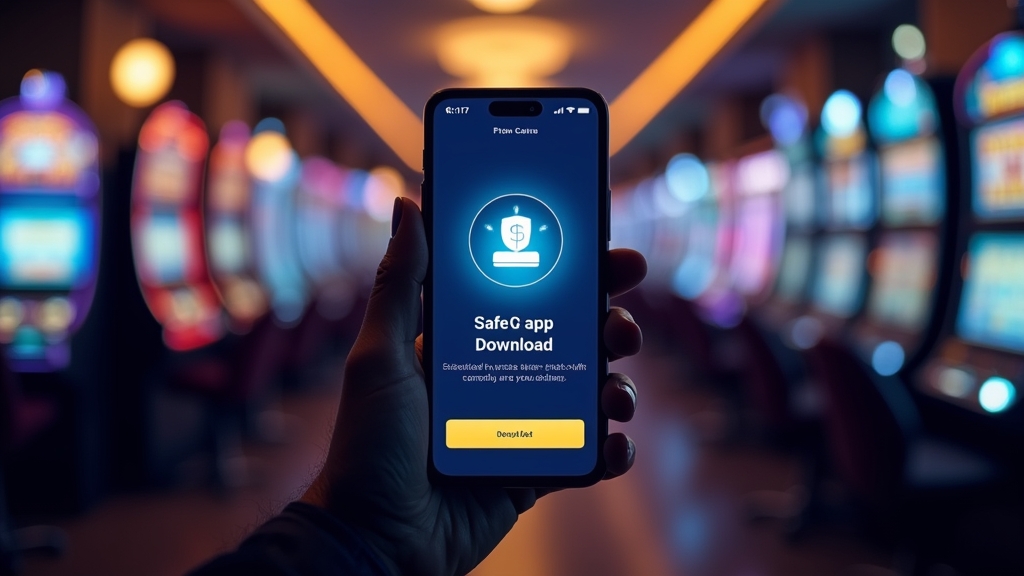 Smartphone showing a safe casino app download page in a dark casino setting